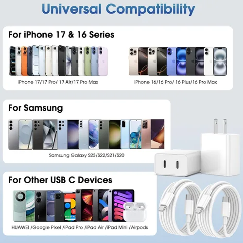Miniatura 6 de Cargador para iPhone 17 Pro Max de carga rápida, 40 W Dual USB C Bloque de carga rápida con cable de carga tipo C de 6 pies para iPhone 17/17 Pro/17
