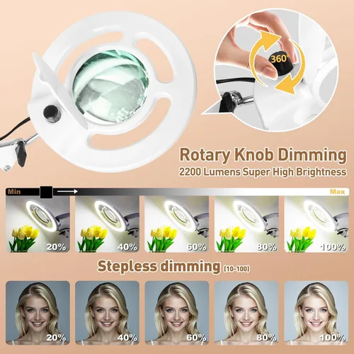 Miniatura 3 de HITTI 10X - Lupa esteticista de luz, color blanco 2200 lúmenes, regulable continuo, base rodante de 5 ruedas, lámpara Mag iluminada con LED