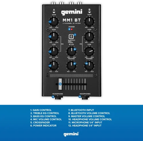 Miniatura 2 de Mezclador DJ portátil Bluetooth Gemini – Mezclador de audio mini de 2 canales con entrada inalámbrica, RCA, tomas para micrófono y auriculares, EQ