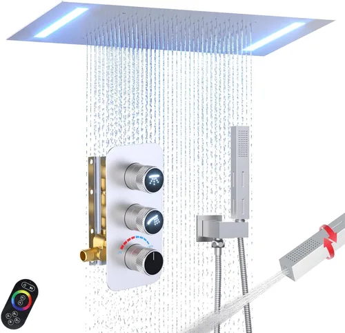 Miniatura 30 de Enga Sistema de cabezal de ducha doble, cabezal de ducha LED de lluvia de 14 x 20 pulgadas con cabezal de pared de 6 pulgadas, juego de grifo de Oro