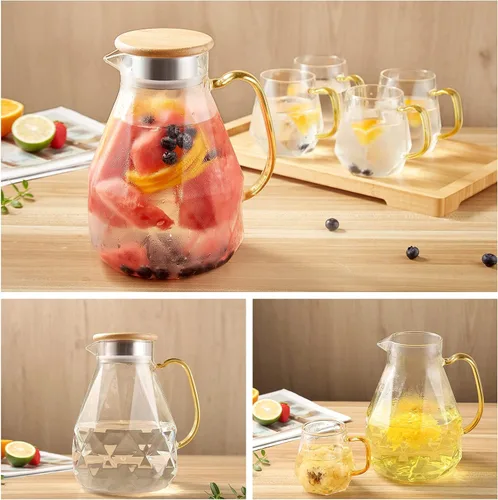 Miniatura 6 de DUJUST Jarra de agua de 2 litros, jarra de vidrio con diseño de diamante moderno con tapa y asa, jarra de agua de alta durabilidad para infusor