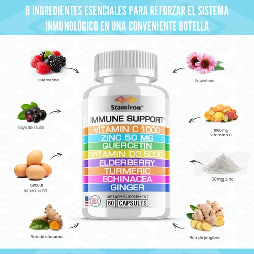 Miniatura 2 de Apoyo inmunológico 8 en 1 con quercetina, zinc 50mg, vitamina C 1000mg, vitamina D3 5000 UI y saúco, equinácea, jengibre para adultos y niños