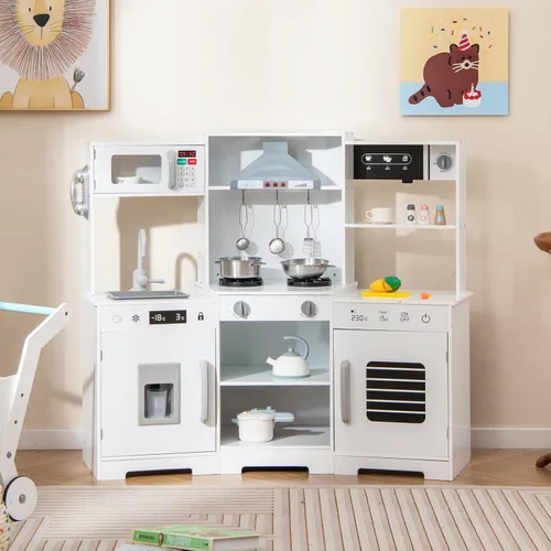 Miniatura 9 de HONEY JOY Juego de cocina de esquina para niños, juego de cocina de juguete de madera con luces y sonidos, campana extractora, máquina de hielo