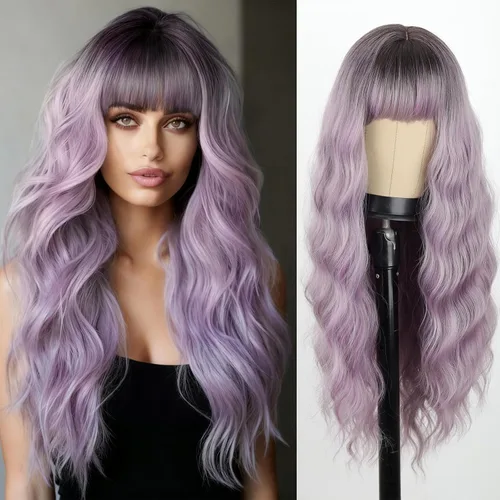 Miniatura 10 de Peluca larga de color rubio ceniza con flequillo, pelucas onduladas y rizadas gris rubio de aspecto natural, peluca de fibra sintética resistente al