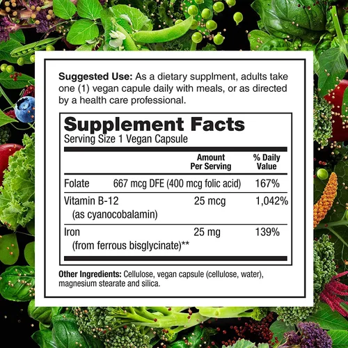 Miniatura 5 de PlantFusion Suplementos veganos de hierro de, suplementos premium de hierro a base de plantas para mujeres y hombres (25 mg), más folato y B12, 90