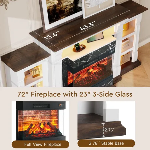 Miniatura 7 de LGHM Soporte de TV con Chimenea Eléctrica LED con Tomacorriente, Repisa de Chimenea de 72'' para TVs de hasta 80'', Centro de Entretenimiento Blanco