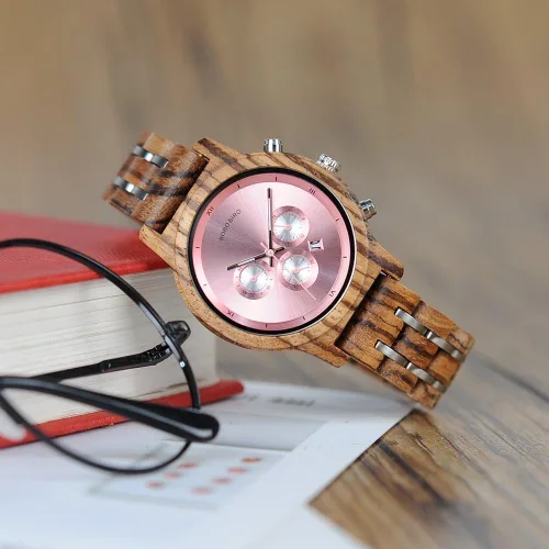 Miniatura 3 de BOBO BIRD Relojes de madera para mujer, correa de metal de madera de lujo, cronógrafo y visualización de fecha, reloj de cuarzo, moda de cebra