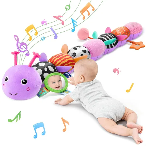 Miniatura 9 de Juguetes para Bebés Sensoriales Musicales Peluche de Animal para Infantes de 0-3-6-12 Meses Tiempo Boca Abajo Recién Nacido, Oruga de Felpa con Verde
