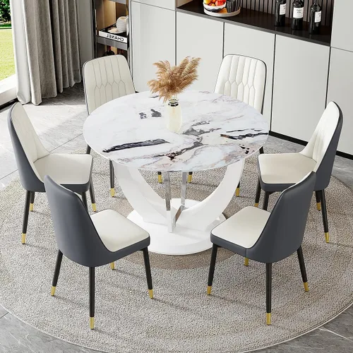 Miniatura 17 de JUFU Juego de mesa de comedor redonda para 4, mesa de comedor de 48 pulgadas con mesa de mármol sintético y 4 sillas tapizadas, moderno juego