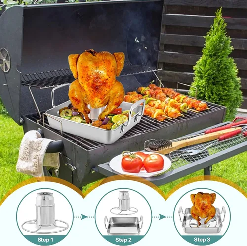 Miniatura 6 de P&P CHEF Soporte para Pollo con Lata de Cerveza con Juego de Bandeja para Asar, Molde Cuadrado de Acero Inoxidable de 9 Pulgadas y Rejilla