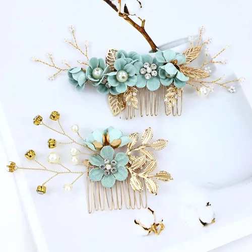 Miniatura 9 de inSowni 20 piezas de diamantes de imitación de perlas nupciales, bodas, fiestas, bailes, flores verdes claras, peines laterales + horquillas novias
