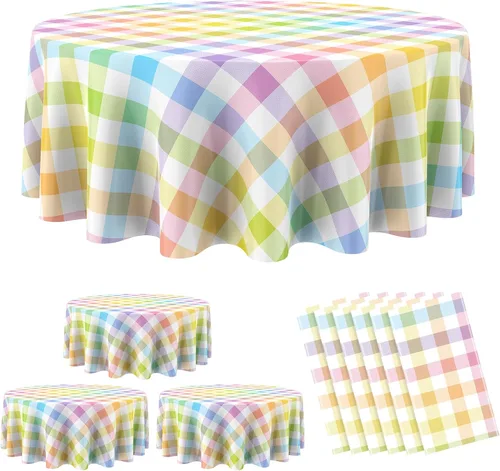 Miniatura 21 de Remagr Mantel Desechable de Cuadros Redondo de Plástico Buffalo Plaid Mantel de Mesa de 84'' Cubierta de Mesa Gingham para Picnic Camping BBQ Fiesta
