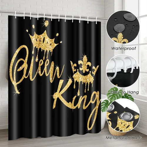 Miniatura 6 de Arttown Juego de baño negro con cortina de ducha y accesorios de alfombras, cortinas de ducha negras doradas King y Queen, decoración de baño