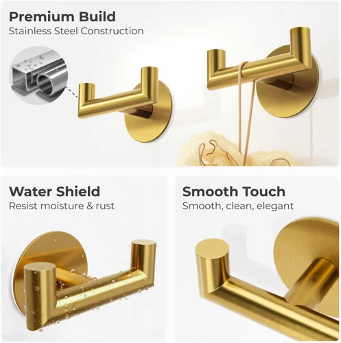Miniatura 5 de GWAAZXGZ Paquete de 2 ganchos de baño dorados cepillados para toallas, ganchos dobles autoadhesivos para pared, sin taladrar, acero inoxidable 304
