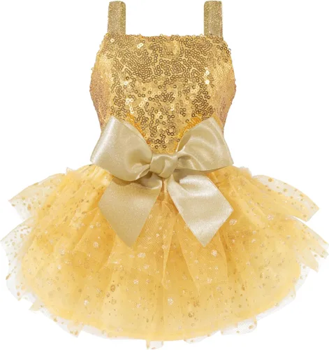 Fitwarm Vestido tutú para perro con lentejuelas brillantes, traje de Navidad de lujo para perros pequeños y niñas, ropa para mascotas, color dorado,
