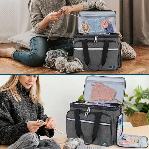 Miniatura 7 de Pavilia Bolsa de tejer - Bolso grande de almacenamiento de hilo, organizador de ganchillo, bolsa de proyectos de punto, gris carbón