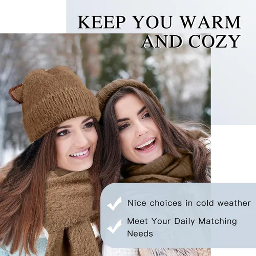 Miniatura 6 de Gorro de punto de invierno para mujer, guantes para pantalla táctil, bufandas, cálido y suave, con orejas de gato, gorras de calavera, bufandas