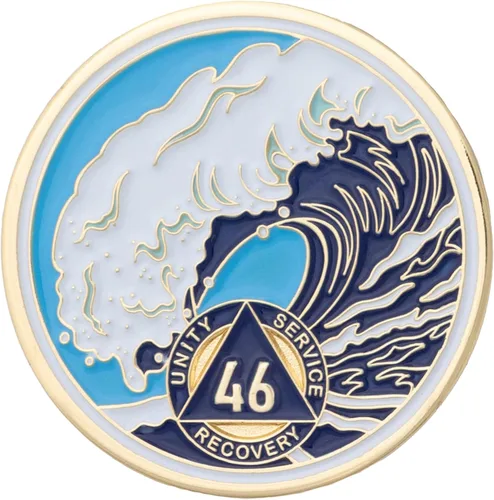 Miniatura 18 de Moneda AA de 1 año – Medallón de recuperación de ondas estrelladas de Sobriety Mint – azul/blanco/dorado