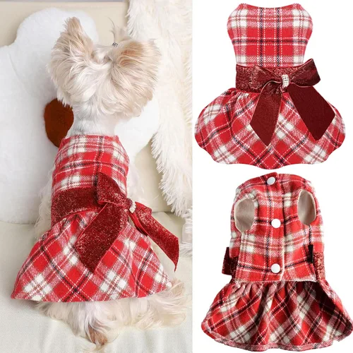 Miniatura 8 de Yikeyo Vestido suéter para perro, vestidos para perros pequeños, con forro polar, vestido de invierno cálido, lentejuelas, nudo de lazo, ropa a