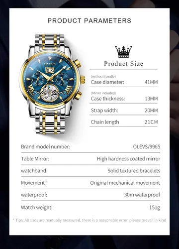 Miniatura 6 de OLEVS Relojes de cuerda automática para hombre, reloj mecánico automático Tourbillon de acero inoxidable con doble calendario, impermeable, luminoso