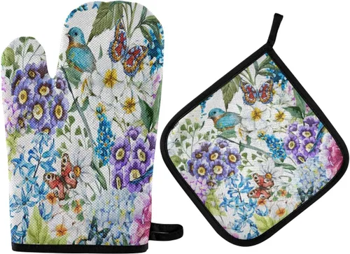 Miniatura 15 de ZZXXB Spring Bird - Guantes de cocina dobles con diseño floral de mariposa, resistentes al calor, antideslizantes, extra largos de 7 x 35 pulgadas