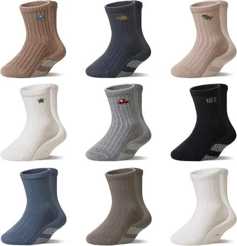 Miniatura 7 de WEVIAS Calcetines para bebés y niños con agarre antideslizante de algodón, calcetines antideslizantes para infantes, niños y niñas, 9 pares