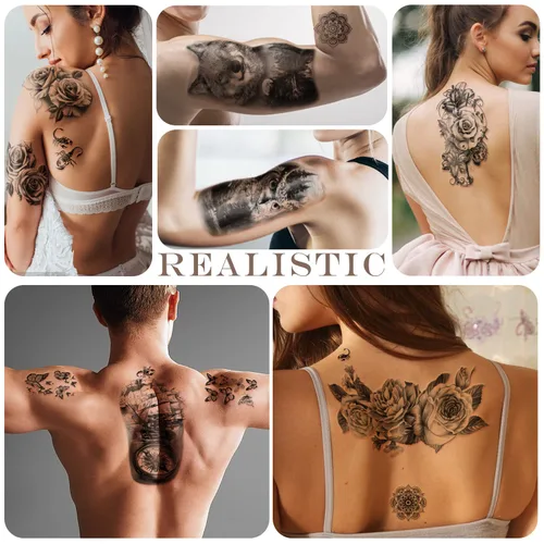 Miniatura 5 de 77 hojas de tatuajes temporales, tatuajes falsos realistas de medio brazo de león, lobo, búho, alce, serpiente, mariposa, rosa para niñas y niños