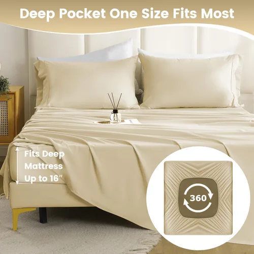 Miniatura 4 de CozySmile Juego de sábanas transpirables y refrescantes, sábanas de lujo de 4 piezas con bolsillo profundo para cama de tamaño matrimonial, se Beige