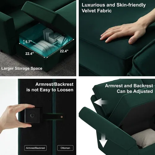 Miniatura 5 de Belffin Sofá modular grande con asiento de almacenamiento, sofá en forma de U de gran tamaño con diván reversible con sofá modular con terciopelo