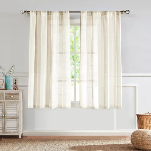 Miniatura 18 de Central Park Cortinas Transparentes de Rayas Beige y Blancas Estilo Granja de Lino Bouclé, Pares de Paneles de Cortina de Ventana Tejidos con Hilo