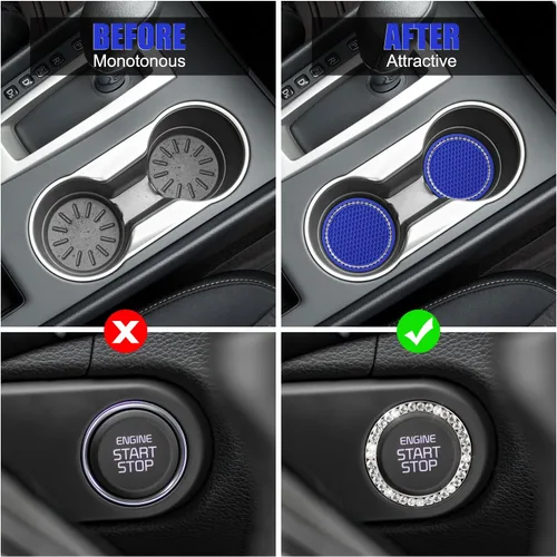 Miniatura 6 de OUZORP Paquete de 2 posavasos azules para automóvil con botón de arranque y anillo brillante, 1 paquete Posavasos antideslizantes para portavasos