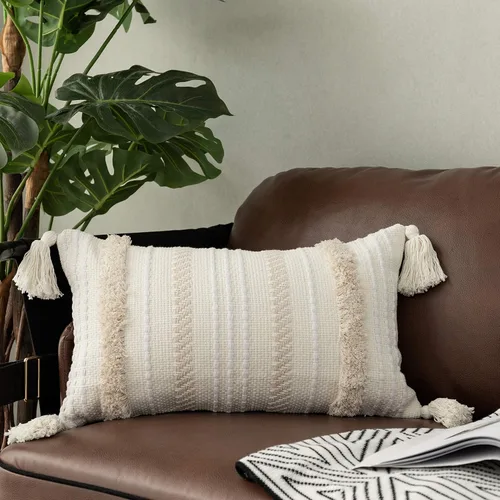 OJIA Funda de cojín decorativa lumbar de estilo bohemio de 12 x 20 pulgadas, bonita funda de almohada de granja, colección minimalista neutra, color
