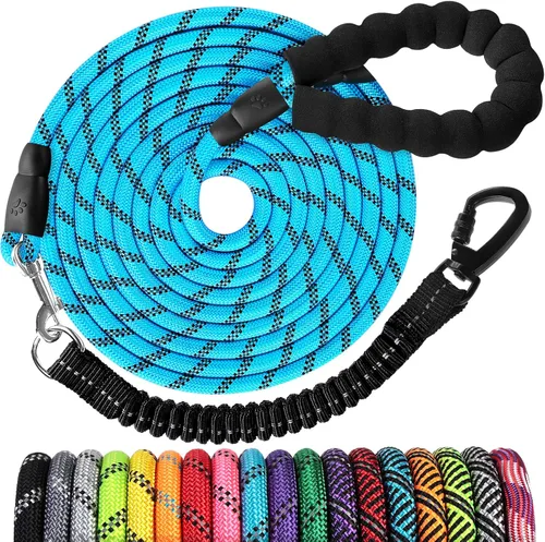 Miniatura 10 de Correa de perro de cuerda de 3 pies: correa resistente con gancho giratorio bloqueable, hilos reflectantes, bungee y asa acolchada - Correa