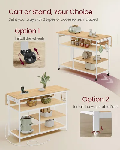 Miniatura 5 de VASAGLE Isla de cocina con hoja abatible, carrito de cocina rodante de 47.2" de ancho con regleta de enchufes, superficie de trabajo extensible