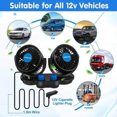 Miniatura 4 de Yerloa Ventilador de coche eléctrico de 12 V, ventilador portátil para automóvil, doble cabeza, rotación de 360 grados, ventilador de aire