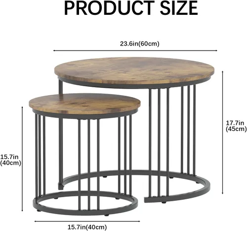 Miniatura 2 de Garden 4 you Mesa de centro anidable, mesa auxiliar redonda de 23.6 pulgadas, juego de 2, mesa anidable de madera con marco de metal, mesas Ceter