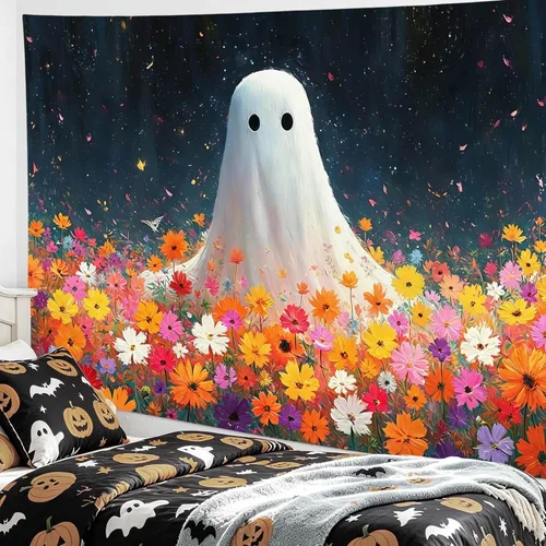 Miniatura 25 de HVEST Tapiz de Halloween para colgar en la pared, esqueleto de terror, cráneo, cementerio, calabaza, farol, bosque muerto, tapiz nocturno