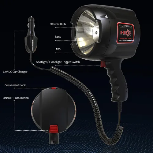 Miniatura 2 de GOODSMANN Proyector de mano de hasta 2000 lúmenes HID Spot Light con cargador de coche de 12 V CC activado, linterna de campamento para vela