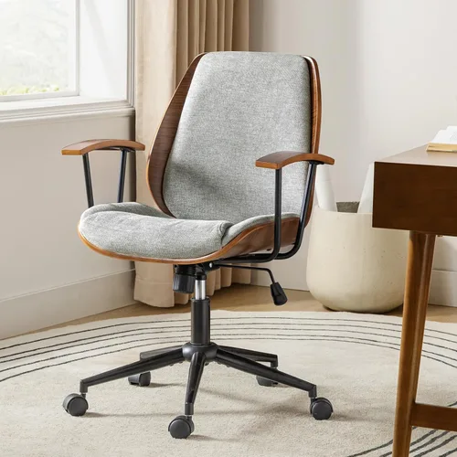 Miniatura 8 de HULALA HOME Silla de oficina de madera maciza con función de balanceo, silla de escritorio de tela cómoda con base de madera curvada y metal, silla