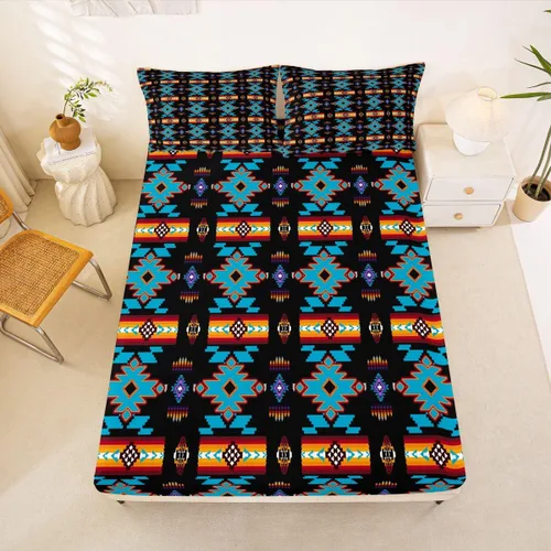 Miniatura 12 de Juego de ropa de cama occidental tamaño individual, sábanas aztecas, estilo nórdico exótico, bohemio, sábana bajera ajustable de tribu india