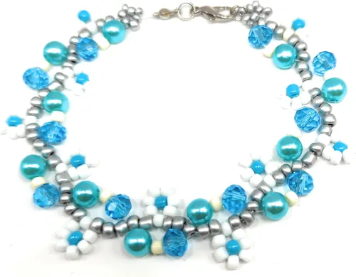 Miniatura 2 de Elegante brazalete para dama hecho a mano de perlas fantasia, cuentas de vidrio y cristales de 8" de largo, ideal para regalo, se envía empaque