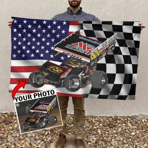 Miniatura 11 de Sprint Car Racing - Foto personalizada, nombre y número de carreras de bandera estadounidense a cuadros para amantes de las carreras de pista