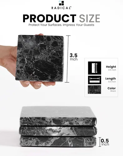 Miniatura 6 de Radicaln Juego de 6 posavasos de mármol negro hechos a mano de 3.5 pulgadas para bebidas, juego de posavasos ideal para decoración de mesa del hogar