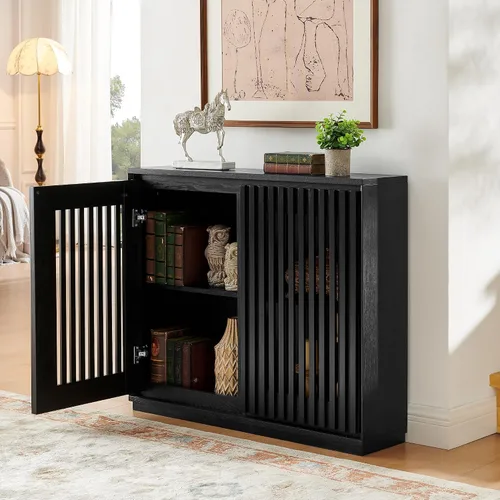 Miniatura 4 de Mesa consola estrecha de 39 pulgadas con puertas huecas, aparador moderno de mediados de siglo con 2 orificios de salida, gabinete de almacenamiento