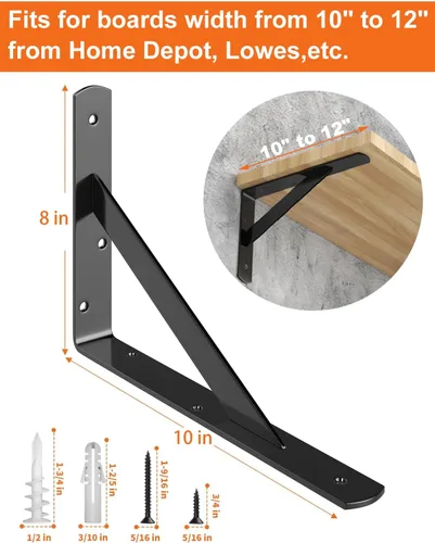 Miniatura 2 de LuckIn Paquete de 12 soportes de estante resistentes, soportes de estante de pared de 10 pulgadas para estantes flotantes de 10 y 12 pulgadas