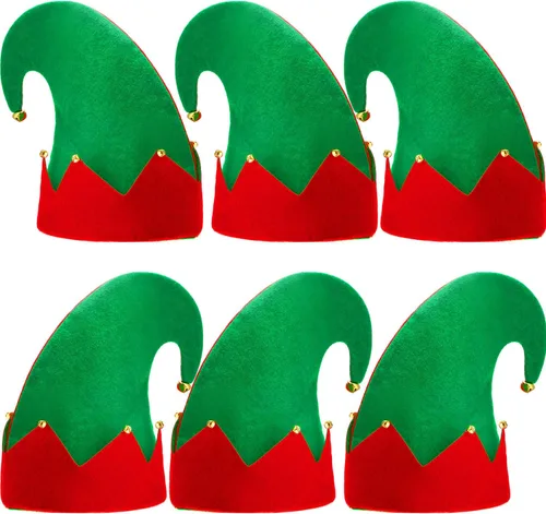 SATINIOR 6 Piezas Sombreros de Fieltro de Elfo de Navidad Xmas Sombreros de Elfo de Santa Rojo y Verde con Campanas para Niños Adultos Regalos de