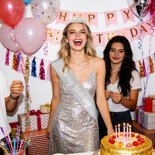 Miniatura 4 de YISSION Juego de tiara y banda de cumpleaños con diamantes de imitación plateados, banda con purpurina con corona de cristal para mujer