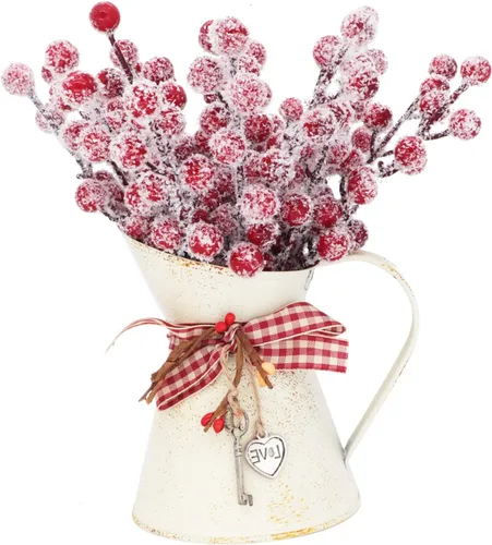 Miniatura 6 de 24 Piezas Tallos Artificiales de Bayas de Acebo de 9" Selecciones de Bayas de Navidad Rociadores Bayas Rojas Falsas Nevadas para Ramas de Árbol