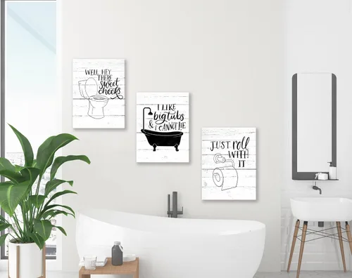Miniatura 4 de Arte Gracioso de Baño en Lona para Pared en Blanco y Negro Juego de Inodoro y Tina Cartel Impreso en 3 Piezas Pintura de Citas de Baño Estilo Retro