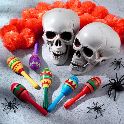Miniatura 4 de Hungdao 36 piezas de mini maracas de madera para fiestas mexicanas a granel, 6 diseños de maracas de madera para fiestas de fiesta de Cinco de Mayo